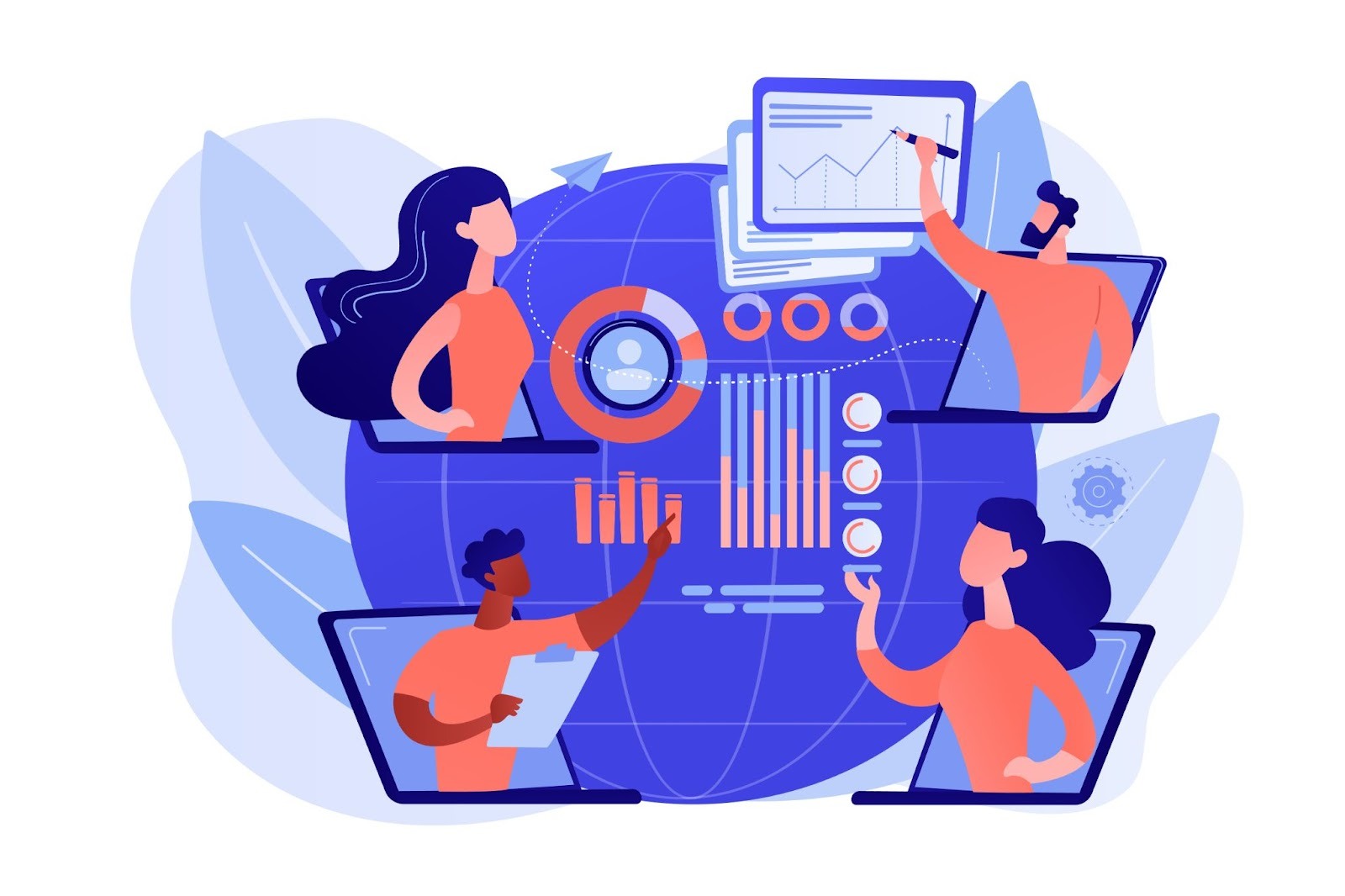 An abstract illustration of four professionals interacting through laptop screens arranged around a digital globe, featuring various data charts, graphs, and connection lines.